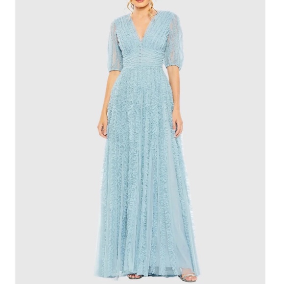 chinese dress ladies V Neck Puff Sleeve Ruffle Tiered A Line Gown